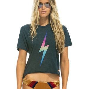 Aviator Nation size Small Bolt Boyfriend Charcoal Tee with  Rainbow Pink bolt